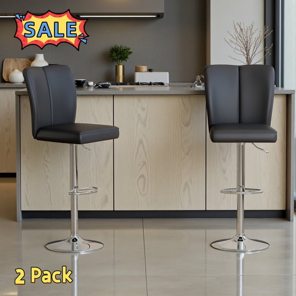 Tcbosik 2 Pack Upholstered Bar Stools, 24.8"-33.4" Height Adjustable PU Leather Swivel Bar Chair with Back for Kitchen Island, Living Room, Easy Assembly, Black