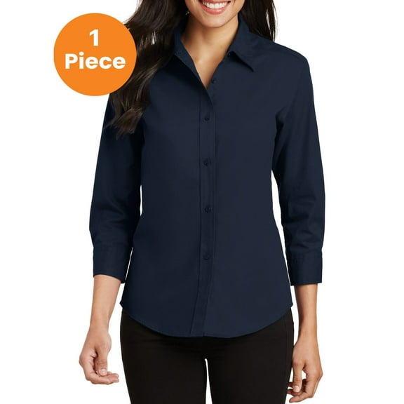 Port Authority L612 Ladies 3/4-Sleeve Easy Care Shirt, Navy, 4XL, Womens Button Down Shirts