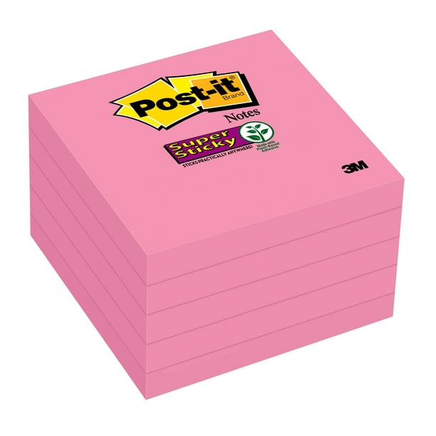 Postit Super Sticky Notes Neon Pink, 3" x 3", 5 Pads