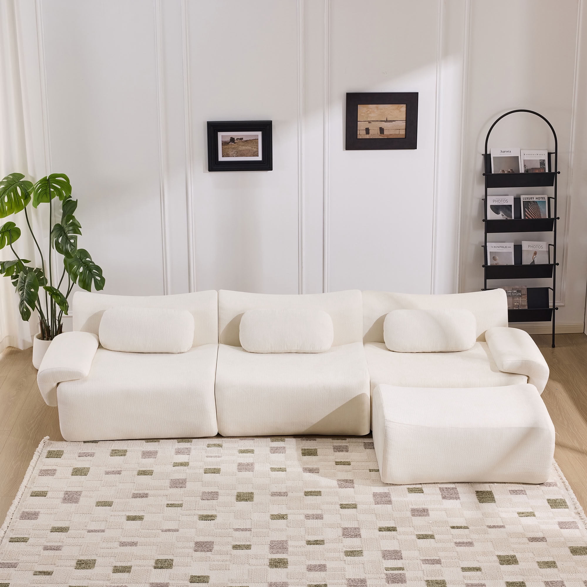 MAYEERTY 3+1 Seat Modular L-Shaped Sectional Sofa with Ottoman, Chenille Upholstered Deep Seat Couch with 3 Throw Pillows, No Assembly for Living Room Bedroom Apartment Small Spaces