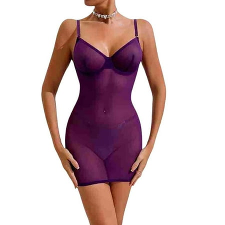 POIUYTR Plus Size Power Mesh Bodysuit - See Through Tummy Control Shapewear  Slimming Babydoll Sheer Mesh Nightgown