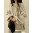 thumbnail image 4 of Cozy Women Crew Neck Pullover Sweater Relaxed Fit Dramatic Drop Shoulder & Split, 4 of 10