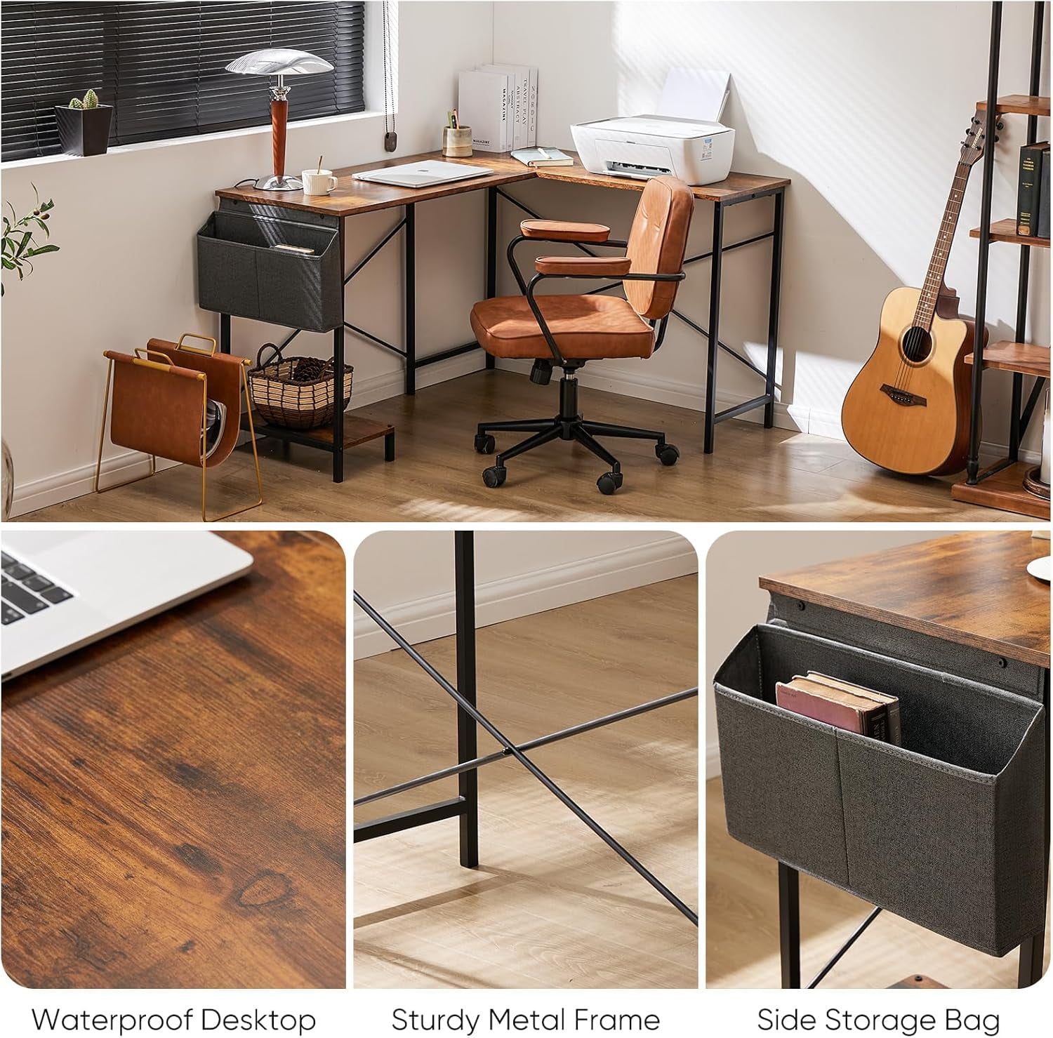 Bigleap L Shaped Computer Desk - Gaming Table Corner Desk 50 Inch PC White Writing Desk Study Desks with Wooden Desktop CPU Stand Side Bag Reversible for Home Office Room Small Space, Brown