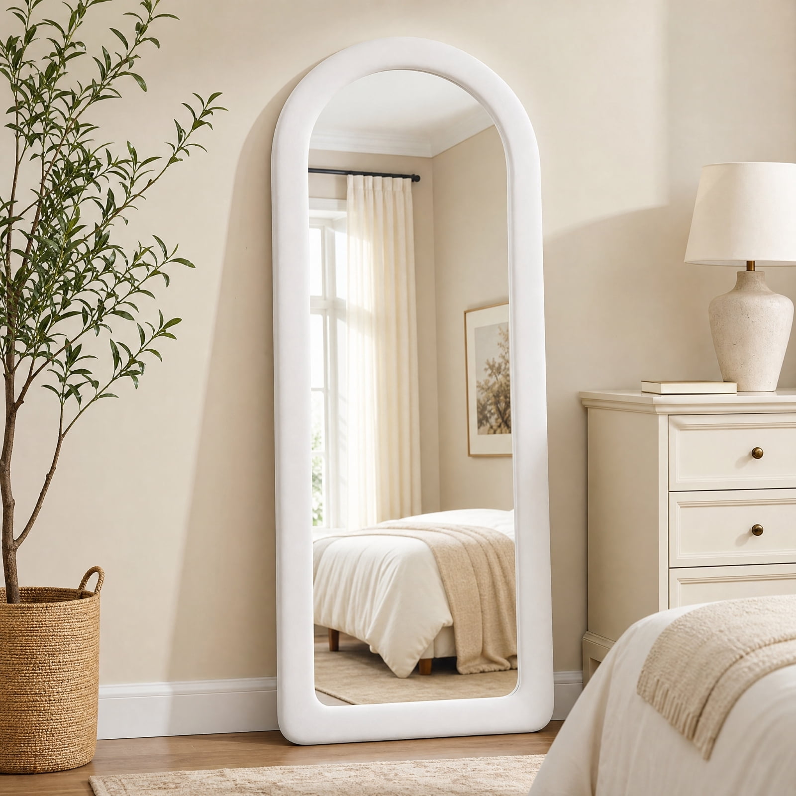 Gleamira 63"x24" Full Length Mirror Frame Arched Floor Mirror Flannel Wrapped Wooden Frame Hanging Leaning Mirror, White