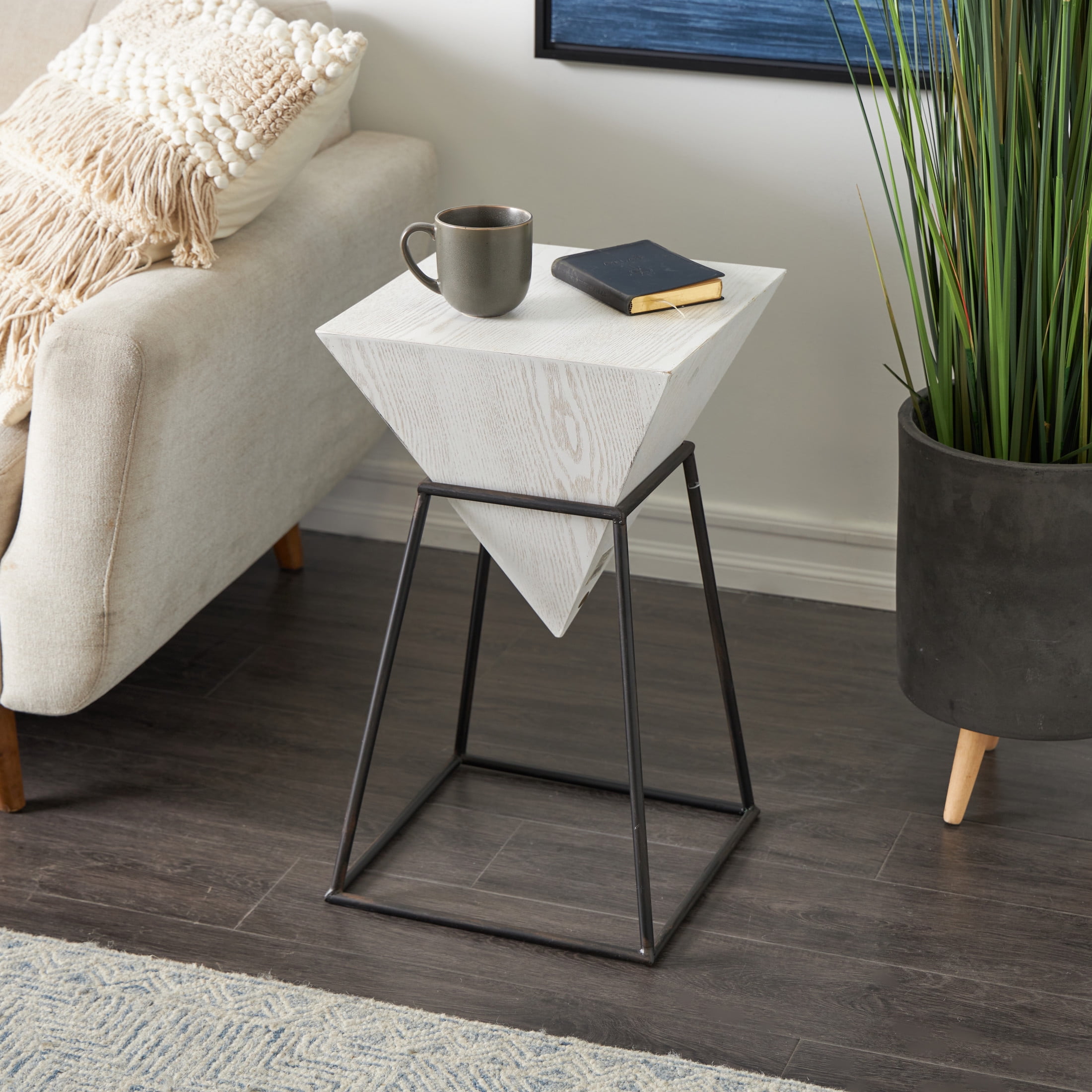 DecMode 14" x 24" White Wood Inverted Pyramid Geometric Accent Table with Black Metal Stand, 1-Piece
