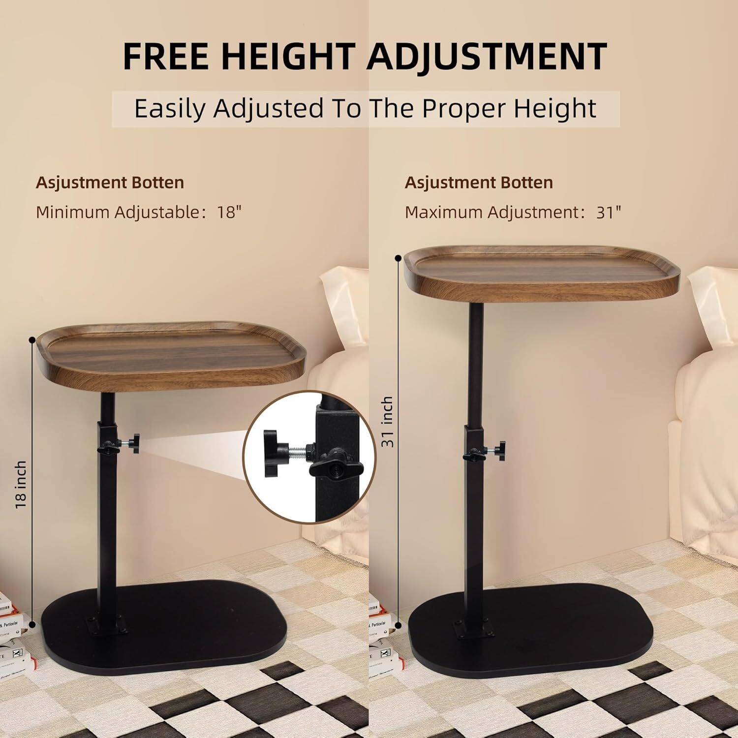 Yabanana C Shaped Side Table End Table, 360° Swivel and Adjustable Height Side Table Sofa Table for Couch (Brown)