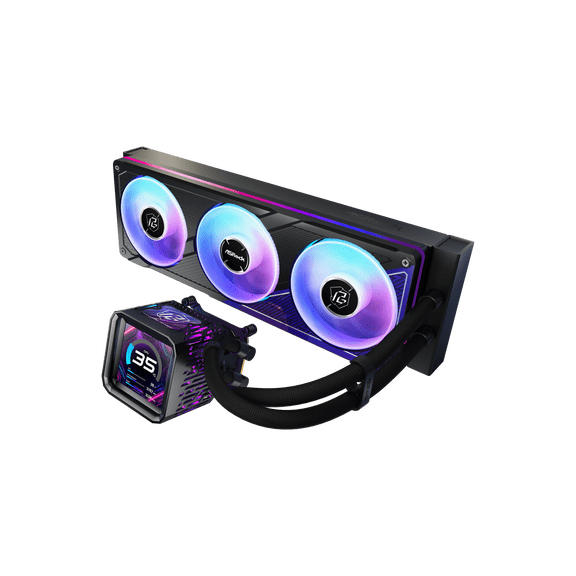 ASRock PHANTOM GAMING 360 LCD 32mm radiator, 3.4" LCD, VRM module, 360 ARGB unified-frame fan, black version