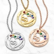 Personalized Planet Engraved Name and Birthstone with Mom Heart Necklace ,Women's
