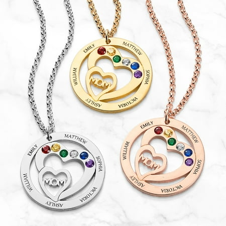 Personalized Planet Engraved Name and Birthstone with Mom Heart Necklace ,Women's