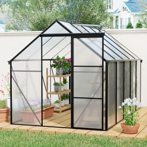 Geemuslly6x10 FTHeavy Duty Polycarbonate Greenhouse - Walk-in Aluminum Frame Greenhouse with Sliding Doors, Roof Vent & Raised Base - All Season Outdoor Garden Greenhouse for Backyard, Patio
