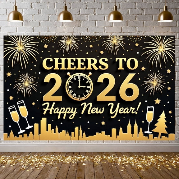 Gold Glitter New Year Banner Firework Design 2026 Celebration Display Clock Champagne Glasses Cheers Backdrop for New Year Party Eve Gathering Festive Event