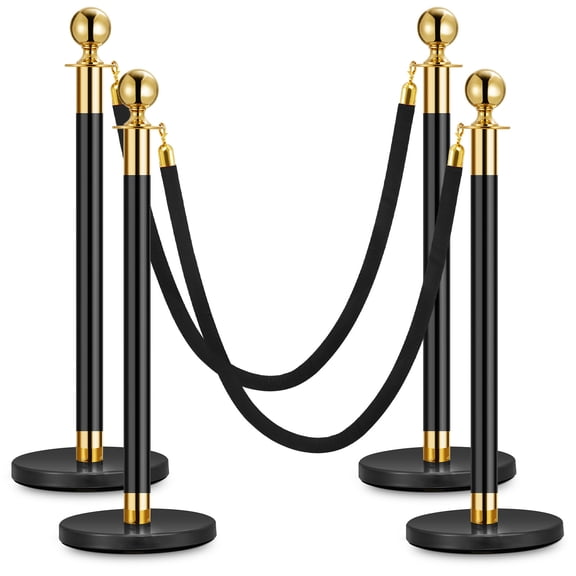 MROOBEST Gold Stainless Steel Stanchion Posts Heavy-Duty Crowd Control Barriers with 5 Ft Black Velvet Rope for Theaters Weddings Museums