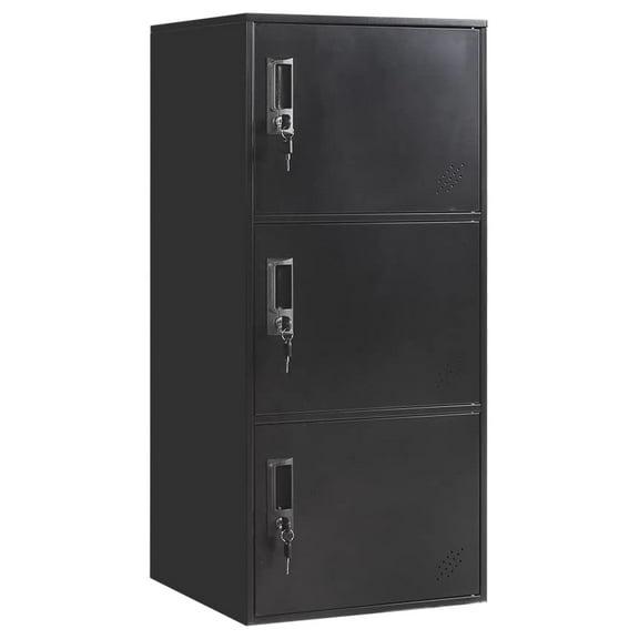 Metal Locker Cabinet 3 Door, Stackable Storage Organizer with Lock - Office, Home, Gym, School - Black