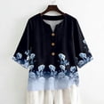 thumbnail image 5 of Boho Floral V Neck T Shirts for Women Cotton Linen 3/4 Sleeve Summer Beach Casual Tops #03Royal Blue XL, 5 of 6