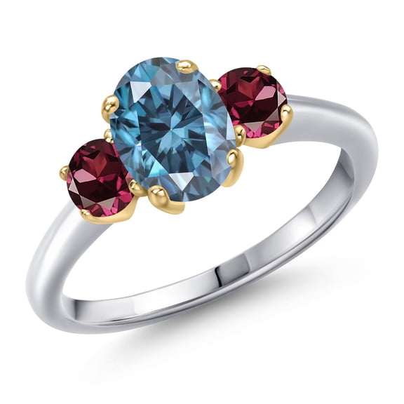 Gem Stone King 10K Two Tone Gold Persian Blue Moissanite and Red Rhodolite Garnet Engagement Ring for Women | 2.12 Cttw | Oval 8X6MM | Gemstone Birthstone | Size 7