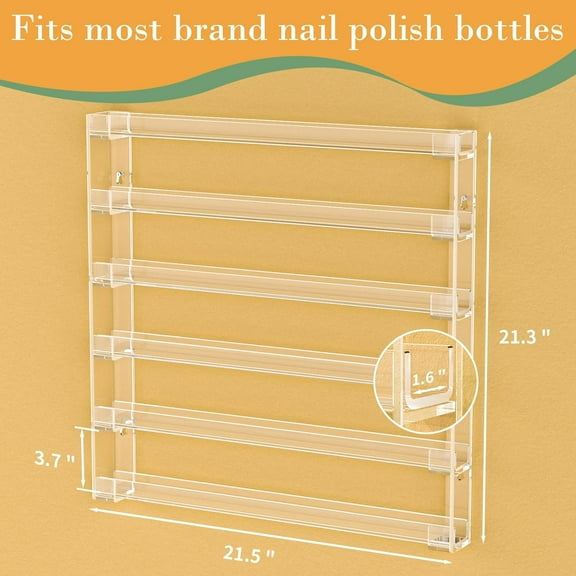 21 x 21 Inch Nail Polish Wall Rack, 6 Tier Clear Acrylic Organizer for 90-120 Bottles, Easy Install