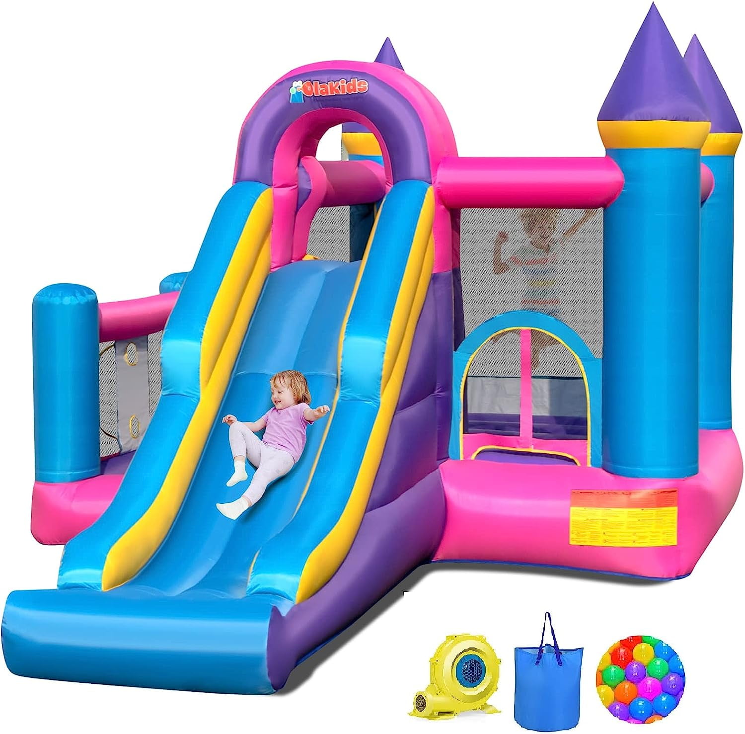 OLAKIDS Inflatable Bounce House, Kids Pink Jumping Castle with Slide ...