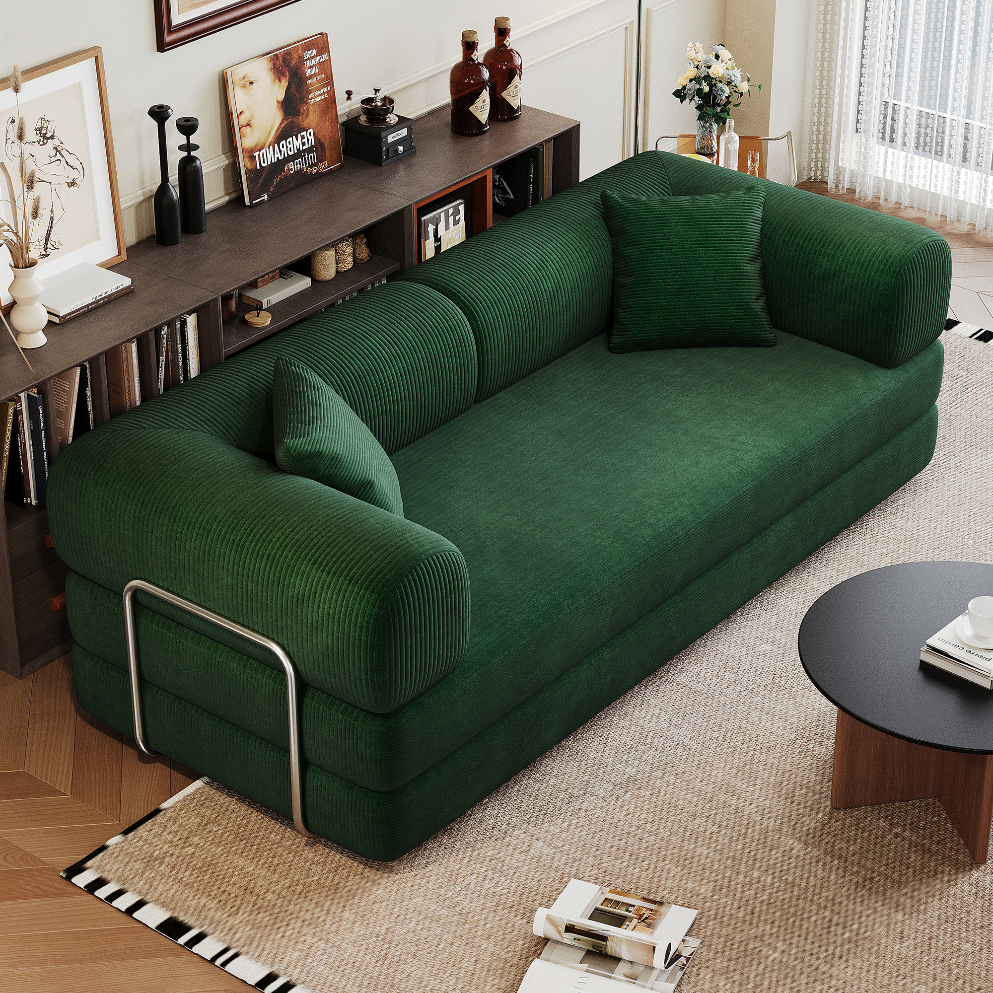 Leumius 78.8" Convertible Sofa Bed with Fixed-Shape Frame & Support Armrest,Modular Corduroy Sleeper Sofa,Boneless Couch Folding Mattress Couch for Small Spaces - No Assembly Needed,Green