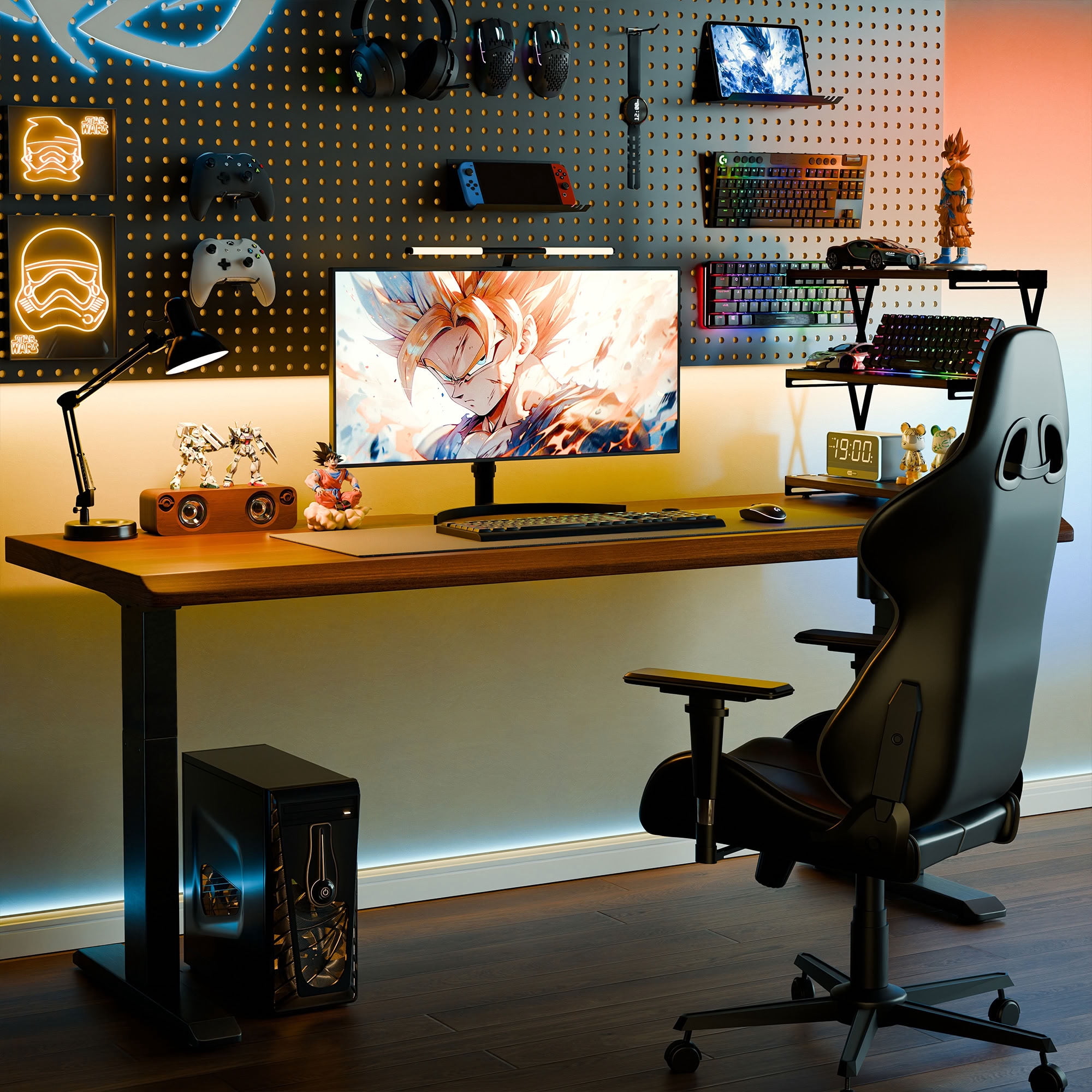MAYEERTY Electric Height Adjustable Standing Desk, Solid Rubberwood Sit Computer Desk with Single Motor, for Home Office, Study and Gaming
