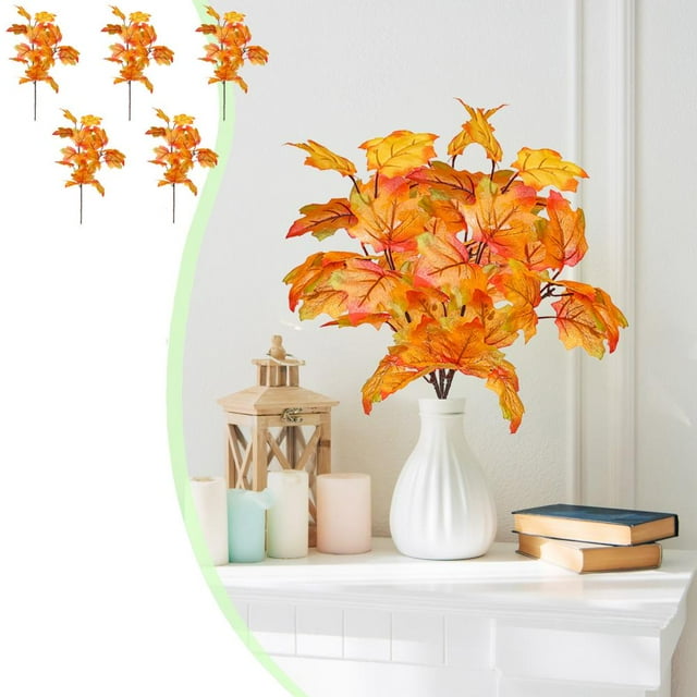 Feltree Home Decorations 5 PCS Fall Decor Artificial Silk Maple Leaves Branches Fall Stems Faux Maple Leaves for Wedding Bouquet Table