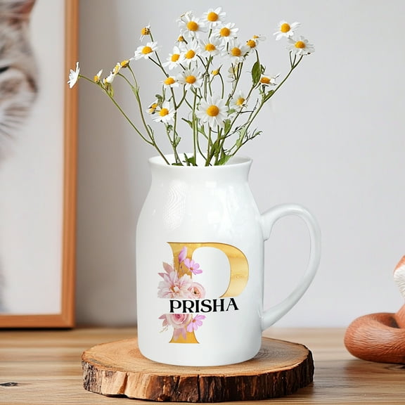 Custom Name Ceramic Flower Vase Personalized Floral Monogram Pitcher Jug Elegant White Home Decor, Kitchen Accent or Gift for Her, Mom, Wedding, Housewarming, Birthday