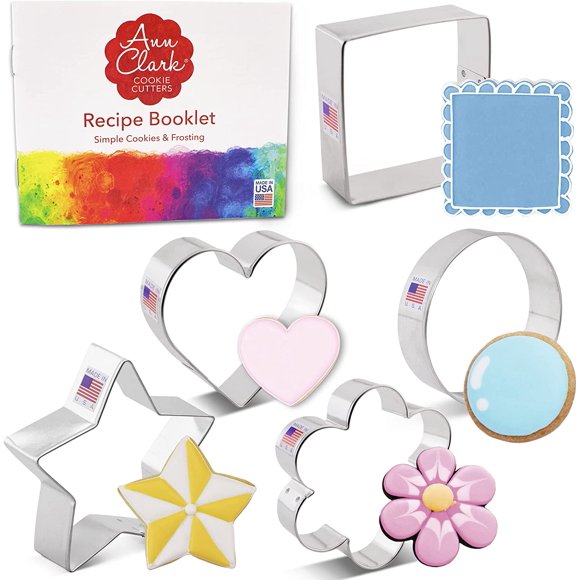 Basic Cookie Cutters 5-Pc. Set Made in USA by Ann Clark, Star, Heart, Circle, Square, Flower