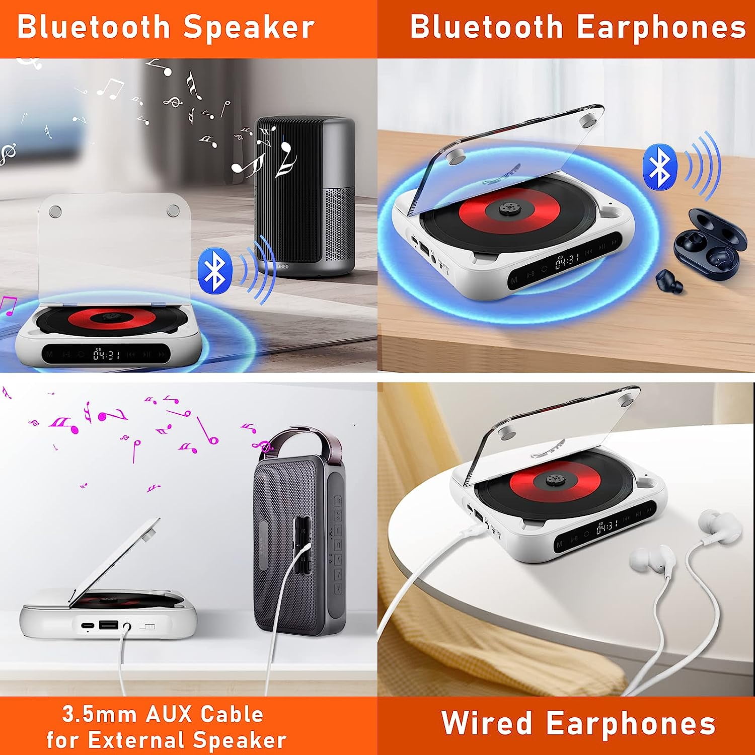 Prociv Portable CD Player, Personal CD Players with Bluetooth for Car & Travel, Rechargeable Small CD Player with Headphones, LCD Touch Screen & Anti-Skip/Shockproof White