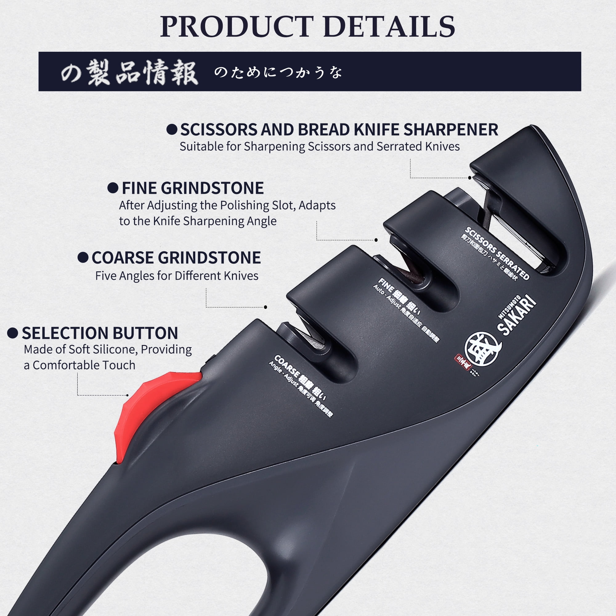 MITSUMOTO SAKARI Japanese Adjustable 5-Angle Knife Sharpener, 3-Stage Kitchen Knife Sharpeners For Kitchen Scissors And Knives, Professional Sharpening Tool With Angle-Lock Technology