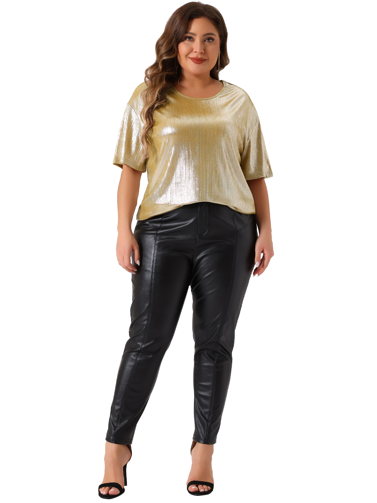 DARING DIVA Women's Plus Size Metallic Round Neck Short Sleeve Blouses 1X Champagne
