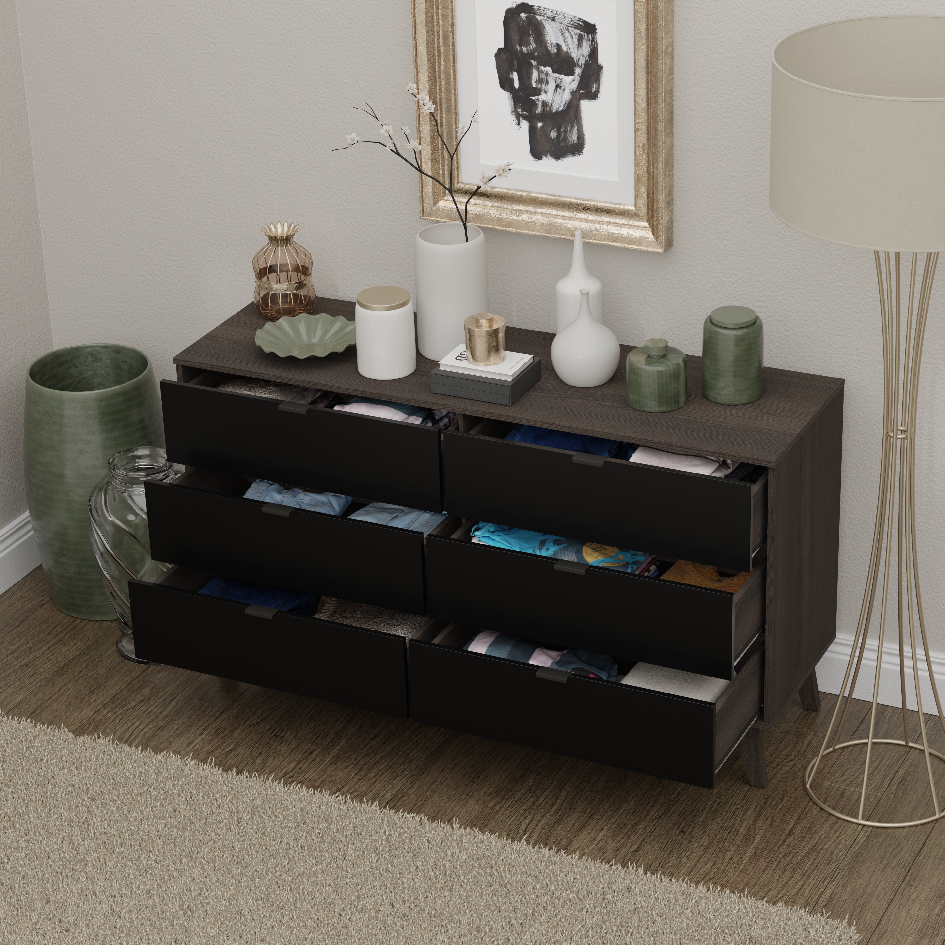 Kappesberg Hanford 6-Drawer Dresser – Dark Brown/Black, Modern 57"W Storage - for Adults and Teens