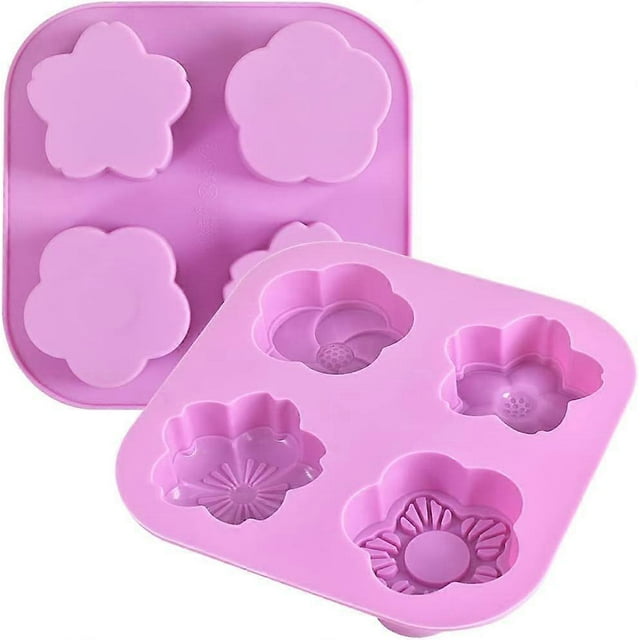 Flower Shape Silicone Mold, 2 Pack 4 Cavity Non-stick Food Grade Silicone Mold DIY for Chocolate, Candy, Handmade Soap and Bath Balls