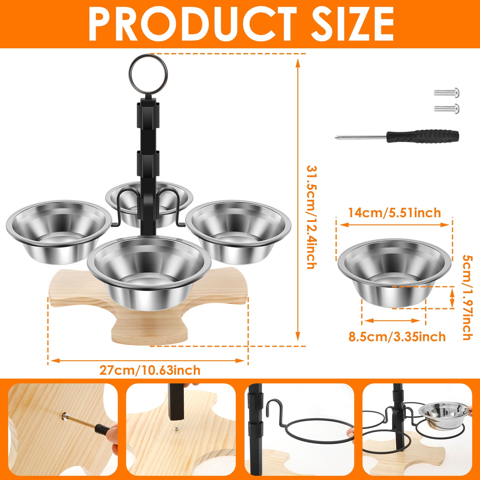 Elevated Cat Bowls with Stand 3 Height Adjustable Pet Feeding Station​ with 4 Stainless Steel Bowls Stable for Small Medium Pets