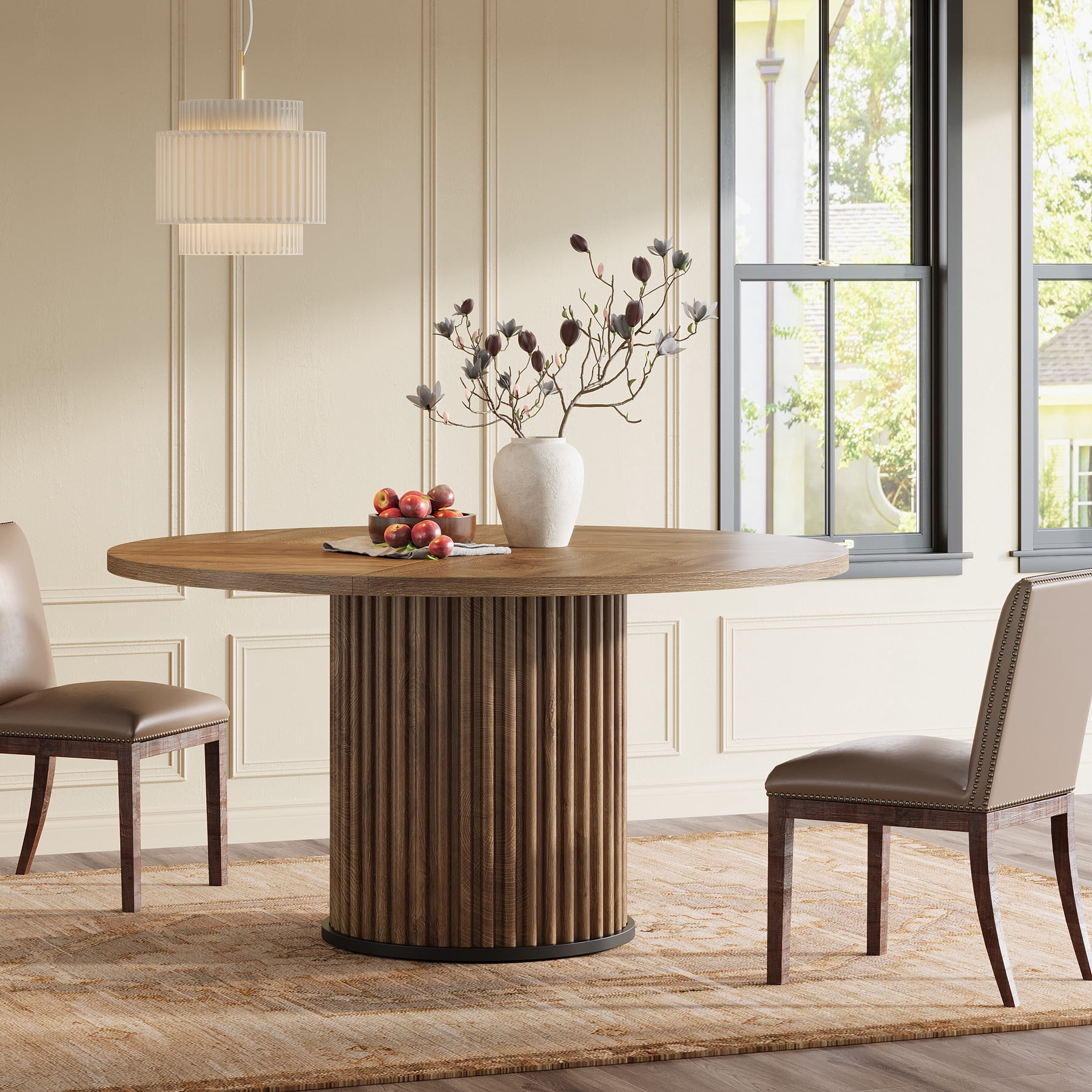Tribesigns Wood Round Dining Table for 4-6 People, 47.24-Inch Circle Wood Kitchen Table with Sturdy Fluted Metal Base, Modern Dining Room Furniture