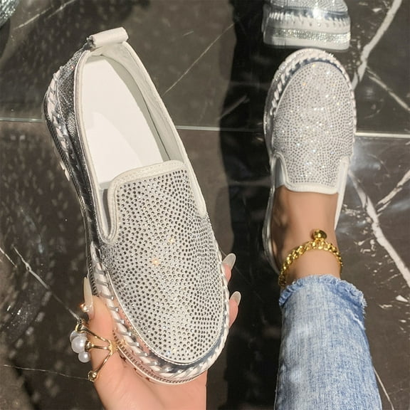 Yusimy Women's Fashionable Casual Rhinestone Studded Loafers - Slip-On Chunky Platform Flat Sole Driving Shoes with Glittering Details for Everyday Glamorous Style