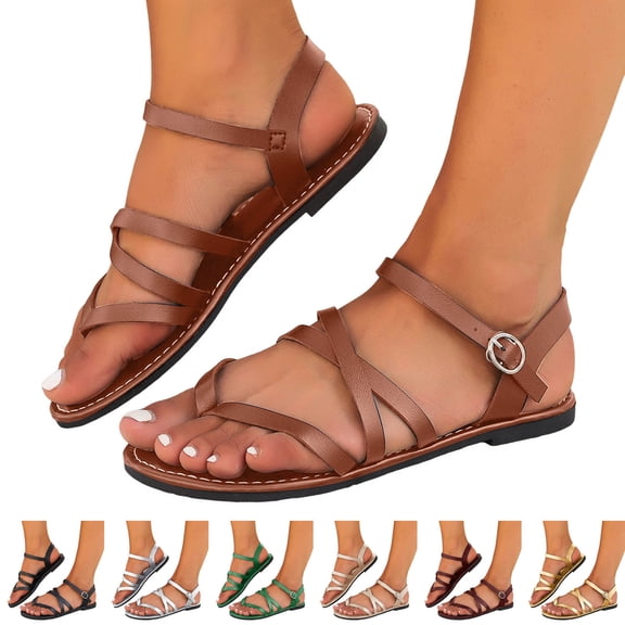 Dakaela Women's Flat Sandals Gladiators Casual Strappy Walking Thong Flip Flops Wide Width Bohe Summer Beach Slip on Slide Shoes Size 6