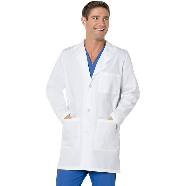 Landau ScrubZone unisex 32-inch white lab coat in XXX-Large size, featuring a three-button front closure, notch lapel collar, and three pockets including one chest pocket and two lower patch pockets. Made from a 65% polyester and 35% cotton blend, this medium-length lab coat measures 35 inches and is designed for professional workwear.