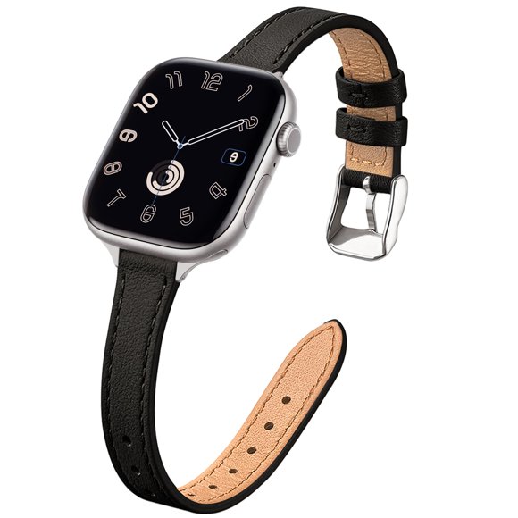 STIROLL Slim Leather Bands Compatible with Apple Watch Band 49mm 46mm 45mm 44mm 42mm(Series 3 2 1), Top Grain Leather Watch Thin Wristband for iWatch Ultra SE Series 10/9/8/7/6/5/4,Black with Silver