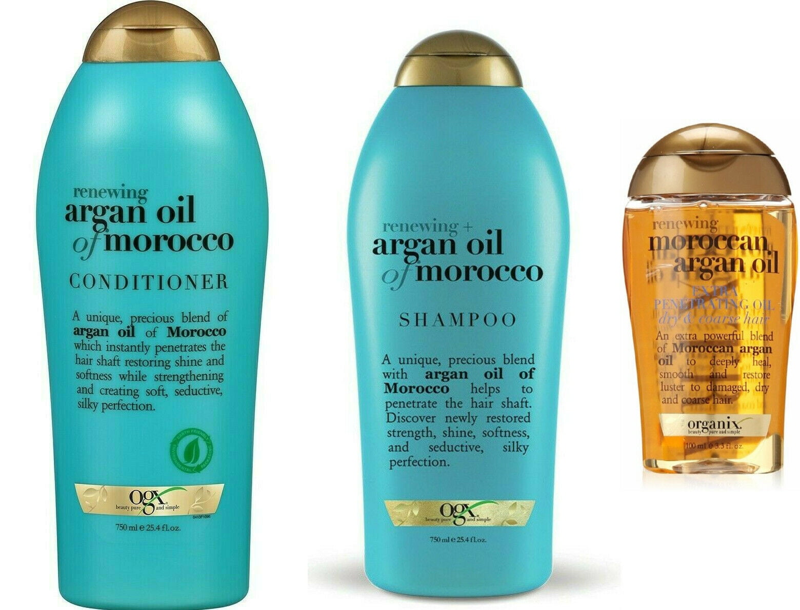 Ogx Premium Argan Oil Morocco Renewing Shampoo, Conditioner & Oil Set SulfateFree