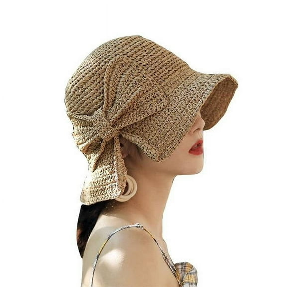 Janrevotw  Women Sun Straw Hat Retro Woven Bow Sun Cap Bucket Hat Brown 1