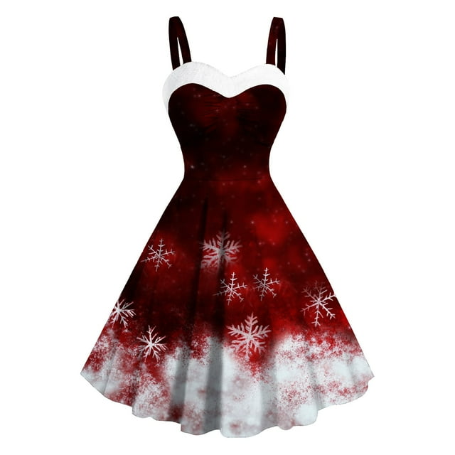 Robes Midi de Noël pour Femmes Sans Manches à Bretelles Spaghetti Robe Ligne A Imprimé Flocon de Neige Vintage Rétro Années 1950 Robe de Cocktail Formelle