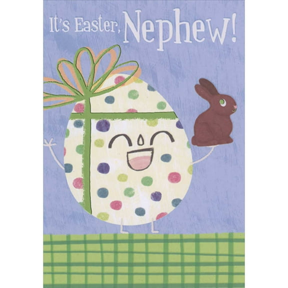 Designer Greetings Spotted Smiling Egg Holding Chocolate Rabbit Juvenile Easter Card for Young Nephew