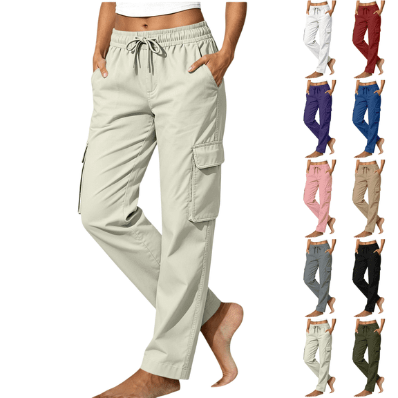 Sunnin Womens Cargo Pants with Pockets Drawstring Waist Straight Leg Casual Outdoor Trousers