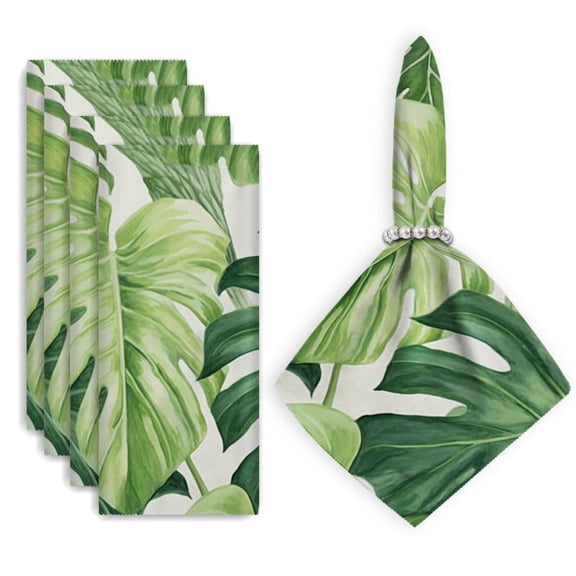 Bahomeck Cloth Napkins Set Of 4,18*18 Inch Washable Polyester Napkins Dining Table Napkins Weddings Party Dinner Parties(Vibrant Green Monstera Leaves In Watercolor On White Background)