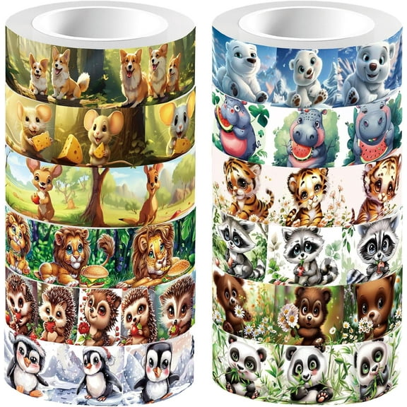 12 Styles Animals Masking Tape Journal Tape 16.4FT Cartoon Zoological Park Decorative Gift Wrapping Rolls Tapes