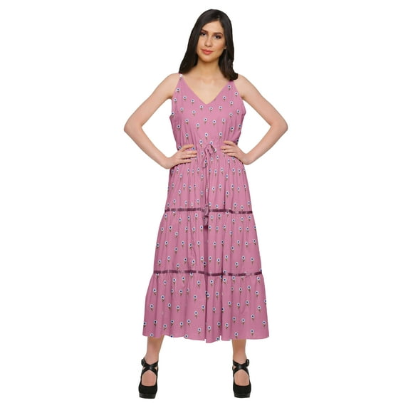 Moomaya Cotton Casual Sleeveless Spaghetti Strap V-Neck Long Dress For Women