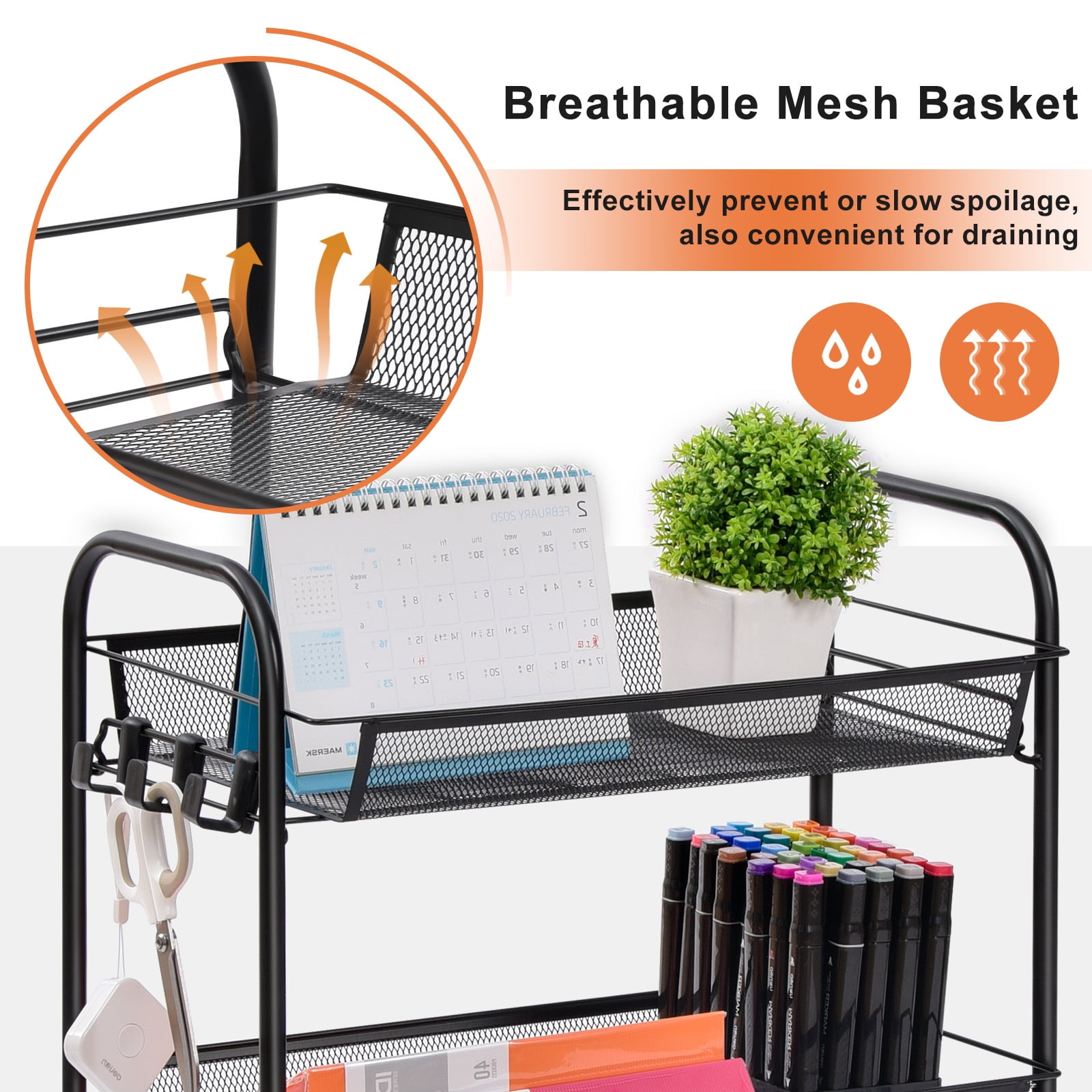 KK KINGRACK 3 Tier Rolling Cart Organizer, Mesh Cart with Wheels, Utility Cart for Office, School,Storage, Black