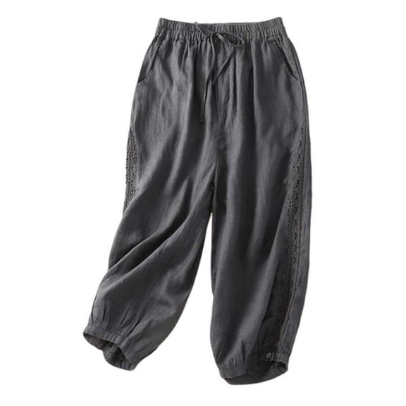 VERUGU Capri Pants for Women Elastic Waist Wide-Leg Capris Loose Casual Cotton Linen Solid Cropped Pants Gray XXL
