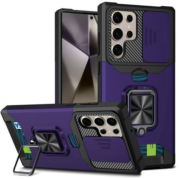 For Samsung s25 Ultra Multi-Functional Card Magnetic Ring Stand Hybrid Camera Case Cover - Dark Purple