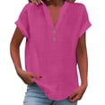 thumbnail image 2 of Tunic Tops Women Cotton Linen Casual Short Sleeve 1/4 Button Henley V Neck Shirts Loose Fit Summer Beach Vacation Blouse Hot Pink S, 2 of 6