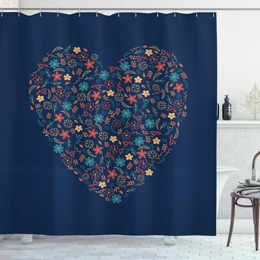 Heart Shower Curtain, Repetitive Floral Ornaments Love Valentines Day